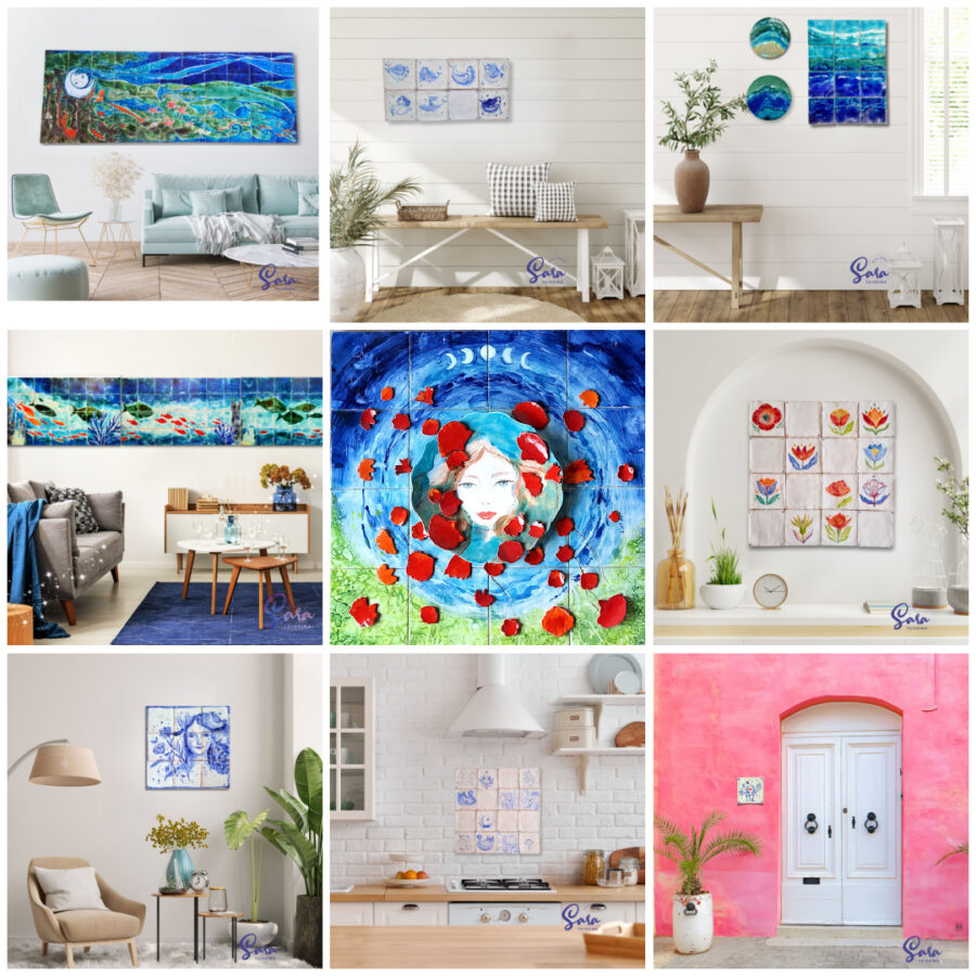 Display several images of ceramic tile panels made by the artist Sara Teixeira